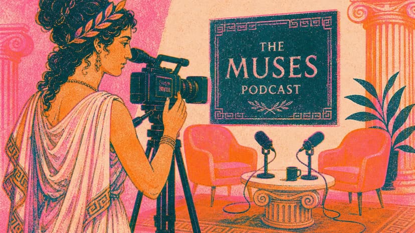 Ilustração de um estúdio de podcast com câmeras, microfones e cenário para gravação de videocast.
