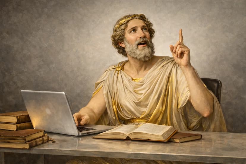 Homem em estilo grego clássico usando um notebook e livros para representar a criação de infoprodutos e a transformação do conhecimento em produto digital