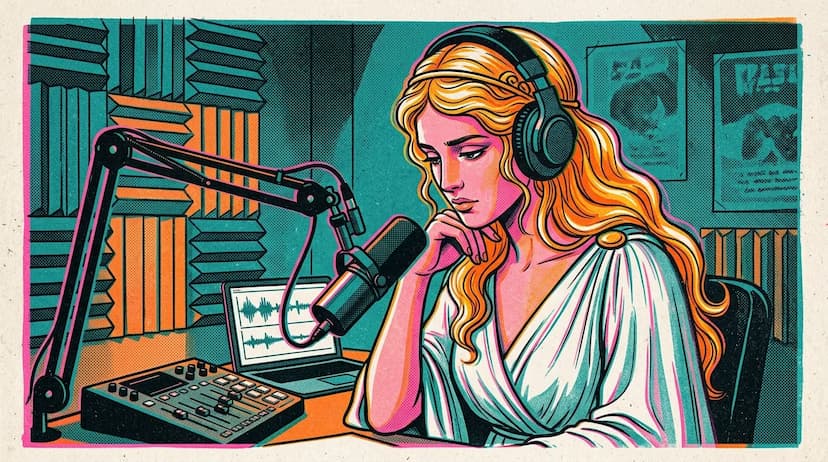 Mulher gravando curso online em estúdio com microfone profissional e tratamento acústico