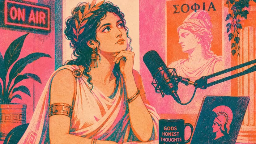 Ilustração de mulher gravando podcast em estúdio com microfone profissional e letreiro "ON AIR"