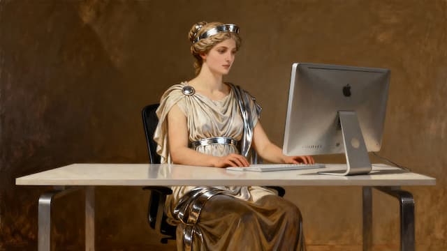 Mulher vestida em estilo clássico, sentada diante de um computador moderno em uma mesa ampla, unindo estética renascentista com tecnologia contemporânea.