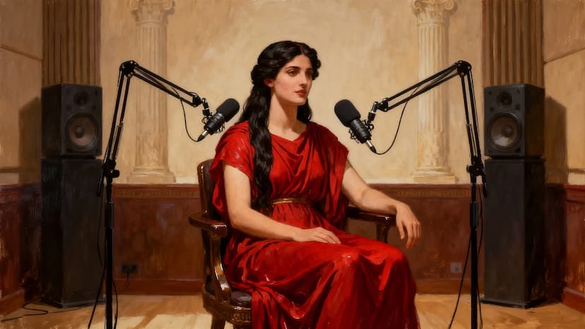 Apresentadora gravando podcast em estúdio profissional com foco em branding de longo prazo