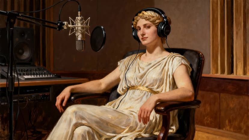 Mulher gravando podcast em estúdio profissional, representando o podcast como ativo de marca