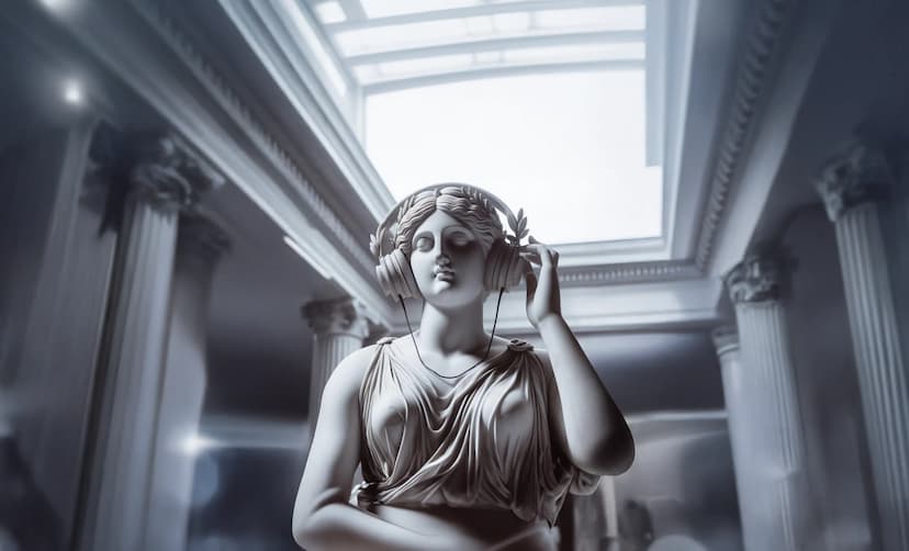 Imagem de estátua clássica usando fones de ouvido, representando a transformação do podcast em conteúdo estratégico e ativo digital de longo prazo.