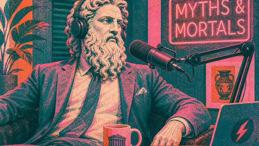 Apresentador gravando episódio de podcast com microfone profissional e headphone, ilustrando a produção de podcast corporativo