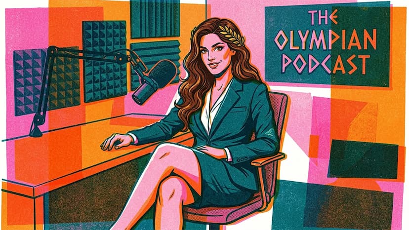 Apresentadora de podcast corporativo em estúdio profissional representando planejamento editorial estratégico
