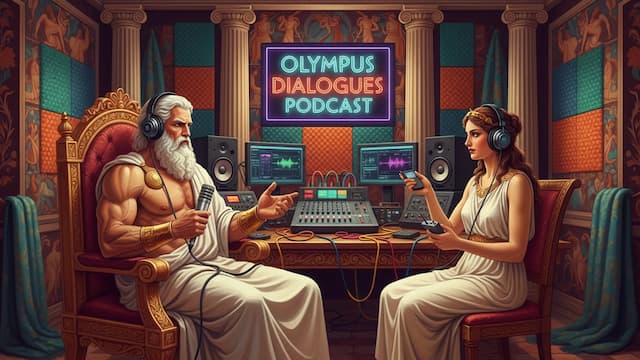 Ilustração de um podcast com estética clássica, mostrando dois apresentadores conversando em um estúdio inspirado na mitologia grega