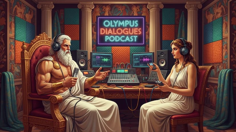 Ilustração de um podcast com estética clássica, mostrando dois apresentadores conversando em um estúdio inspirado na mitologia grega