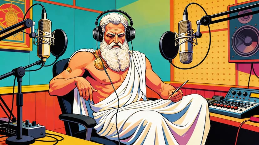 Ilustração de criador de podcast em estúdio, representando as tendências do mercado de podcasts no Brasil em 2026