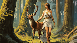 Mulher grega andando na selva com um Servo