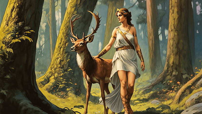 Mulher grega andando na selva com um Servo