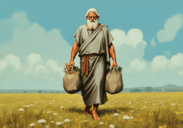 Homem grego carregando sacolas de compras