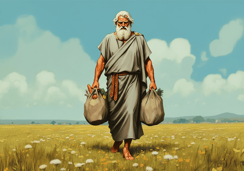 Homem grego carregando sacolas de compras