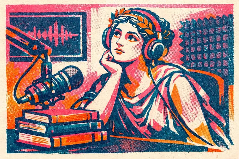 impacto-podcast-autoridade-marca-artemia.webp Ilustração de mulher gravando podcast em estúdio profissional com microfone e fones de ouvido.
