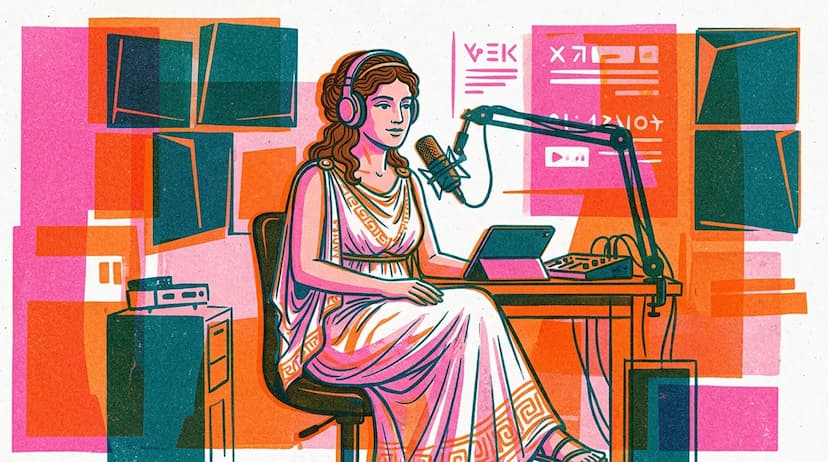 podcast-video-midia-presenca-marca-artemia.webp Ilustração de apresentadora gravando podcast em estúdio com microfone, computador e cenário moderno em estilo artístico colorido.