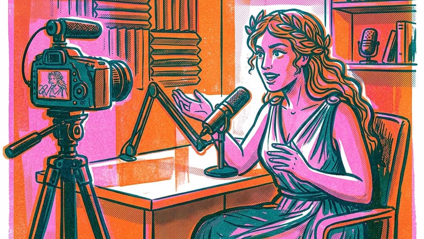 videocast-estrategia-marca-artemia.webp Ilustração de mulher gravando um videocast em estúdio profissional com câmera e microfone.