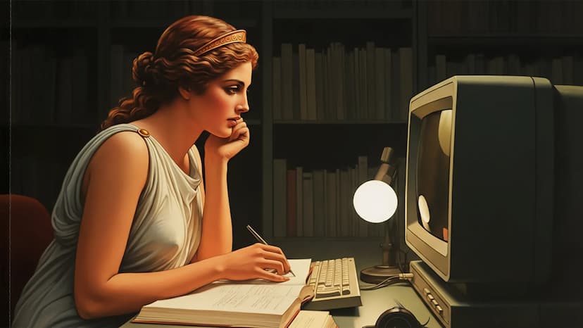 deusa_grega_pc Deusa Grega com caderno aberto em frente ao Computador