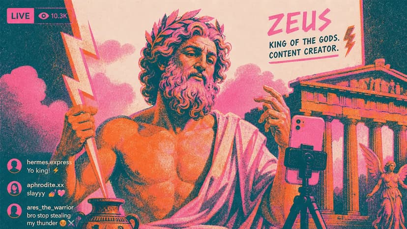 zeus-conteudo-podcast-redes-sociais.webp Ilustração de Zeus diante de uma câmera durante uma transmissão ao vivo